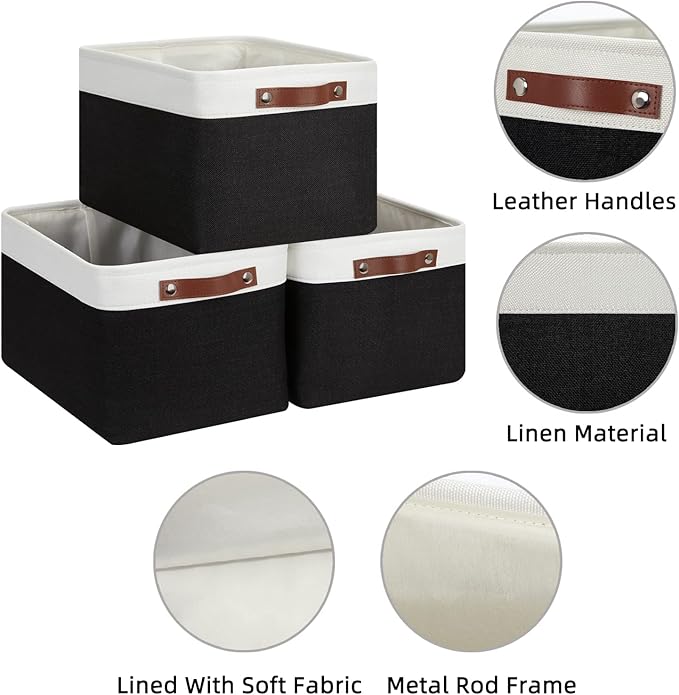 HNZIGE Large Storage Baskets (3 Pack) - Fabric Bins with Leather Handles, Foldable for Organizing Clothes, Toys (Black & Whit
