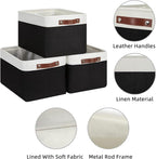 HNZIGE Large Storage Baskets (3 Pack) - Fabric Bins with Leather Handles, Foldable for Organizing Clothes, Toys (Black & Whit