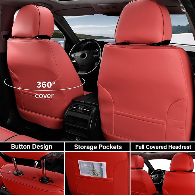 Coverado Seat Covers, Car Seat Covers Front Seats, Waterproof Nappa Leather Auto Seat Cover with Lumbar Head Pillow, Red Seat