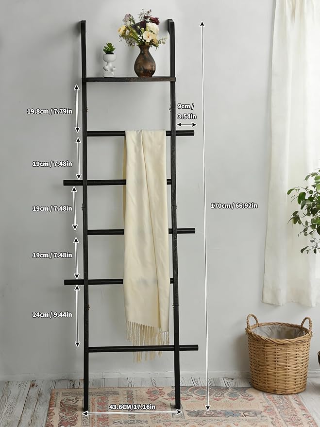 Taozun Black Blanket Ladder with Shelf for Living Room, 67-Inch Wooden 5-Tier Farmhouse Towels and Quilt Rack Decor - Wall Le