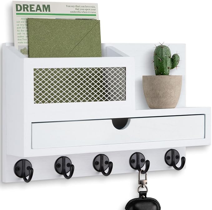 Key Holder Wall Mount, Key Holder for Wall with 5 Key Hooks and Storage Drawer Mail Organizer for Entryway Living Room Farmho