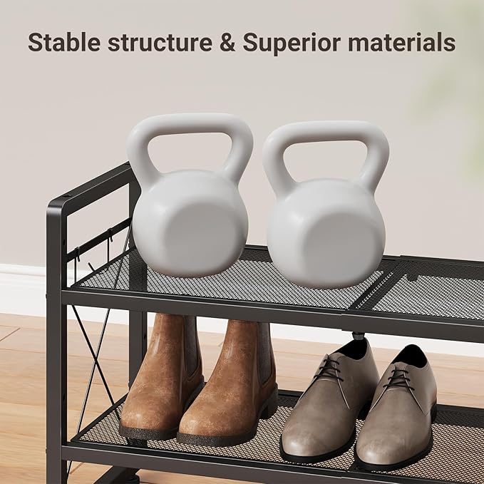 ELYKEN Shoe Rack, 2-Tier Expandable Shoe Organizer for Entryway, Metal Black Shoe Shelf with 4 Hooks, Ajustable Shoe Stand Ho