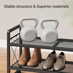 ELYKEN Shoe Rack, 2-Tier Expandable Shoe Organizer for Entryway, Metal Black Shoe Shelf with 4 Hooks, Ajustable Shoe Stand Ho