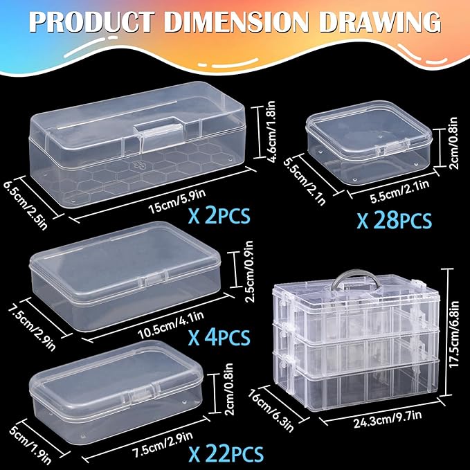 VTG Bead Organizer Box, 56 Pcs Small Plastic Containers with Lids and 3-Tier Stackable Storage Box, Clear Organizers for Jewe