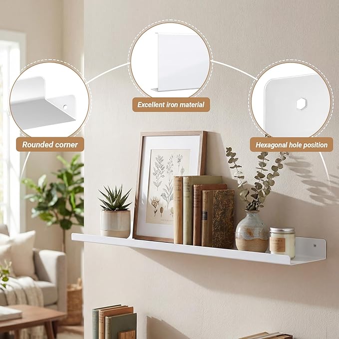 Pinkunn 2 Pack 36 Inch Metal Floating Picture Ledge Shelves, Wall Mounted Picture Shelf with Lip Heavy Duty Industrial Iron D