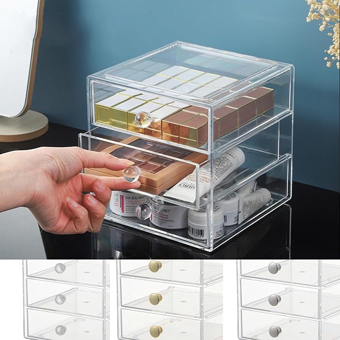 AJIODA Makeup Drawer Organizer Box with 3 Drawers, Acrylic Cosmetic Display Case Vanity Organizer Jewelry Storage Box Stackab