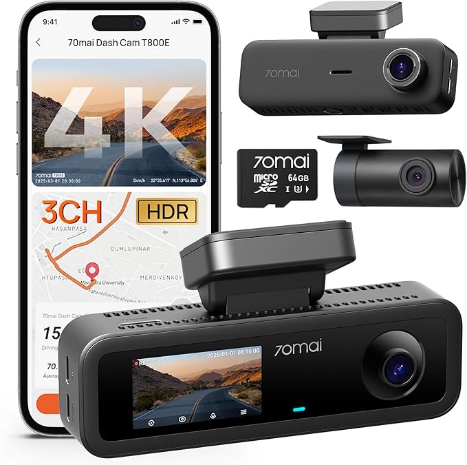 70mai 4K Dash Cam Front and Rear Inside, 3 Channel Car Dash Camera for Cars, Dashcam with GPS, Wi-Fi 6, Voice Control, Parkin