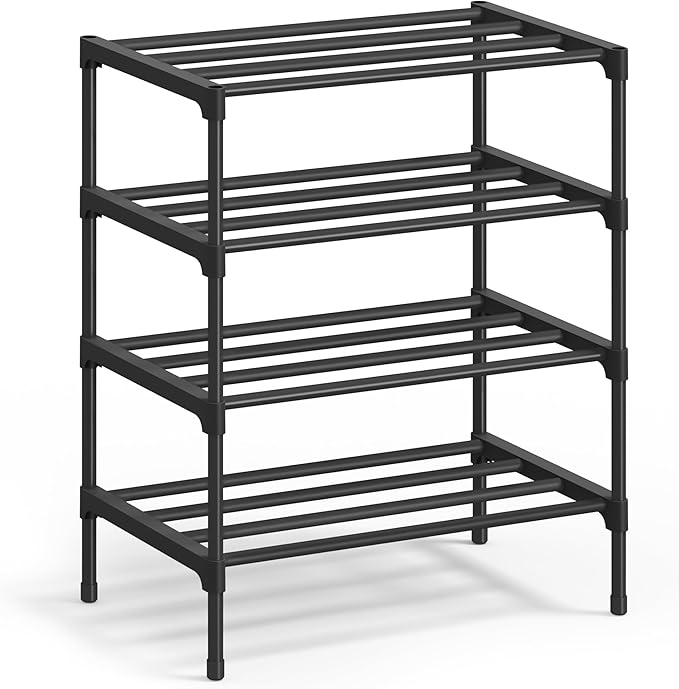 SONGMICS 4-Tier Shoe Rack for Closet, Compact Metal Shoe Organizer Shelf for Entryway, Bedroom, Small Spaces, Stackable, 11.8