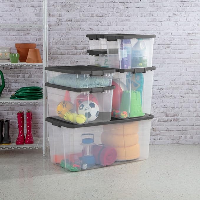 Sterilite 18-Pack Modular Stacker Box, Durable Clear Plastic Storage Bins with Latching Lids, 40 Quart - Stackable Organizing