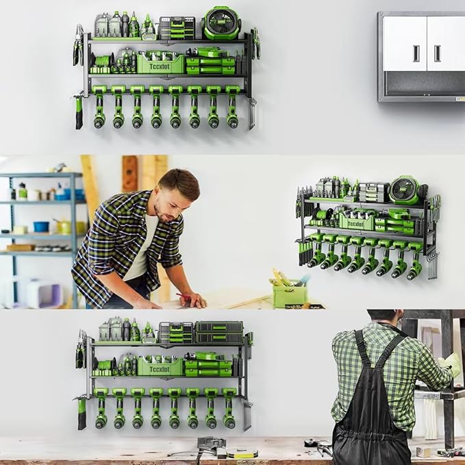 Power Tool Organizer - 3 Layer 8 Drill Holder Wall Mount, Storage Rack for Garage Organization, Large Tool Shelf, Gifts for H