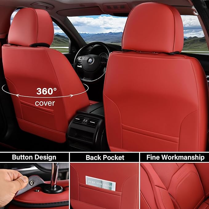Coverado Car Seat Covers Full Set, Premium Nappa Leather Seat Covers for Car, Waterproof Car Seat Protector with Lumbar Suppo
