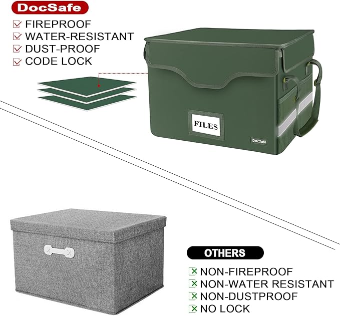 DocSafe Fireproof Document Box with Lock,File Storage Organizer with Pockets,Collapsible Portable File Box Home Office Safe F