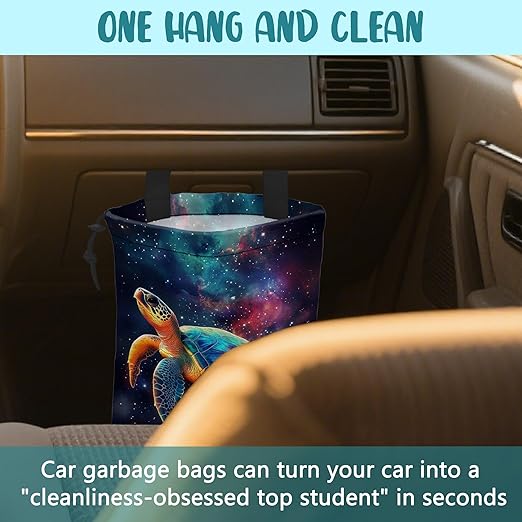 Colorful Galaxy Nebula Car Garbage Bag Sea Turtle Drawstring Car Trash Bag Hanging for Back Seat with Adjustable Buckle Canvas Vehicle Trash Can Easy-to-Install