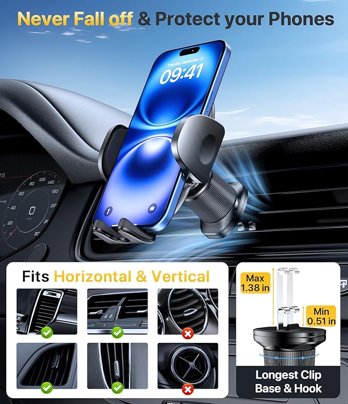 Miracase Phone Holders for Your Car with Metal Hook Clip, Air Vent Cell Phone Stand Car Mount, Universal Automobile Cradle for Garmin GPS Fit iPhone Android and All Smartphones, Dark Grey