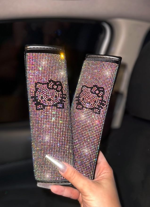 Fashion Car Ultra Bling Steering Wheel Cover with Sparkly Diamond Rhinestones, Gorgeous Accessory with Anti Slip Lining Extra Bling Especially Shiny Cat Exotic Universal (Seat Belt Colorful)