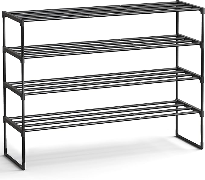 SONGMICS Shoe Rack, 4-Tier Shoe Organizer, Metal Storage Shelf, Upright or Upside Down, for 25-30 Pairs, Stackable, for Entry