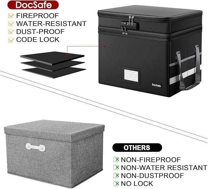 DocSafe File Box with Lock,Multi-Layer Fireproof Document Box Collapsible File Storage Organizer with Pockets/Handle,Large Po