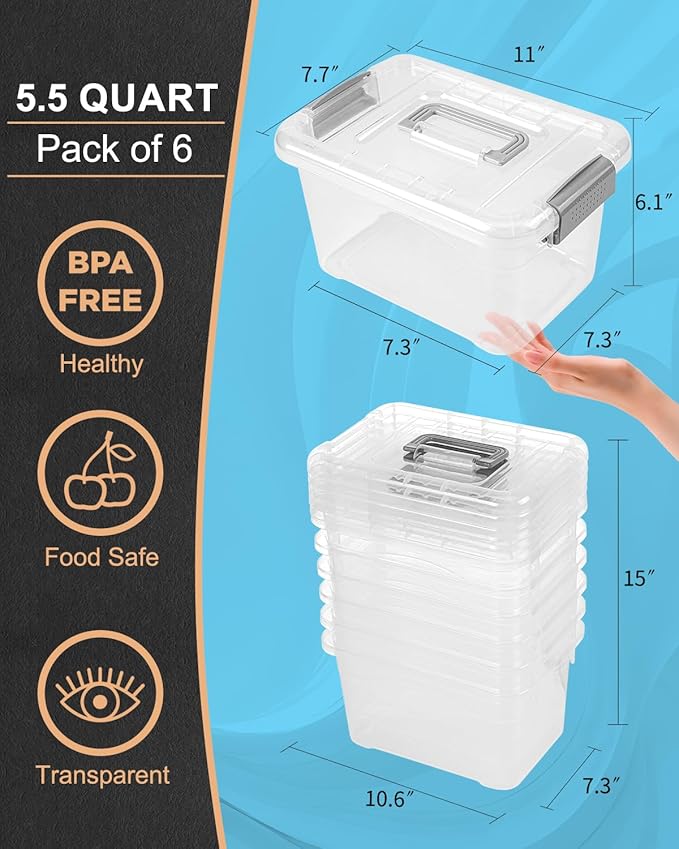 EOENVIVS Plastic Storage Bins 7 Quart-Storage Organizer Bins with Grey Buckle Lids, Stackable Storage Bins with Lids for Home