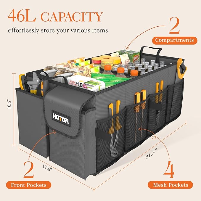 HOTOR Foldable Trunk Organizer - 2-Compartment 21.3x12.6x10.6 Grey SUV & Sedan Organizer for Accessories, Tools and Sundries