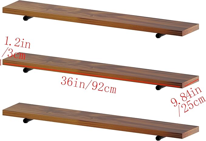 Industrial Pipe Wall Wood Shelves,Real Wooden Shelves 36" in Walnut Color with 1.2" Extra Thickness, Modern Floating Shevles