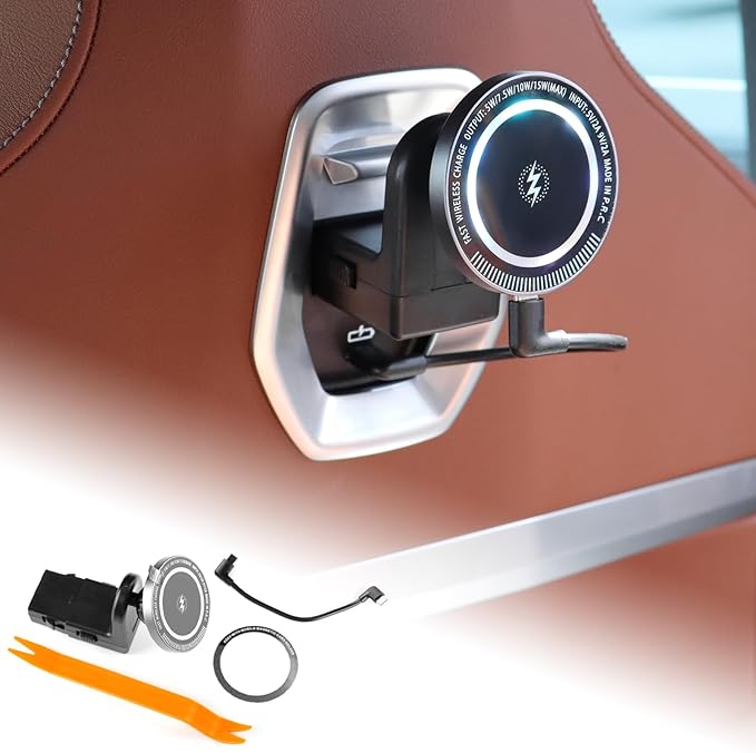 KUNGKIC for Car Headrest Tablet Holder for BMW X3 X5 X6 I20 G05 G06 G45 G60 G61 G70 Adjustable Tablet Car Mount for Back Seat Road Trip Essentials Black (Wireless Charging Pad with Light)