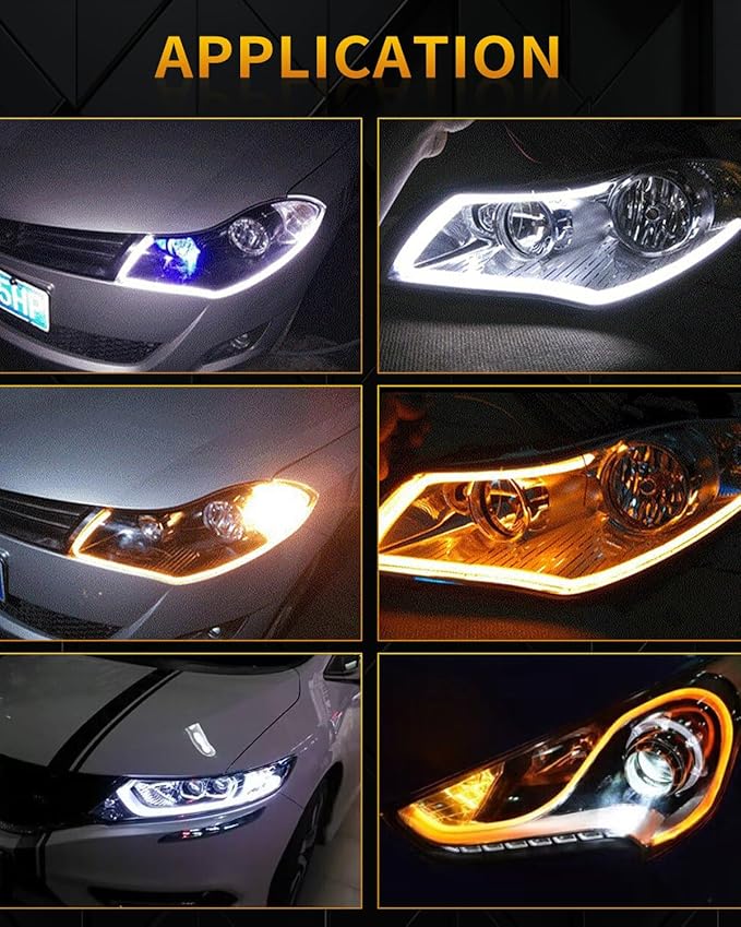 Qasim Sequential LED Strip, 12inch Car LED Flexible Strip Lights Turn Signal Switchback White/Amber Daytime Running Light for Headlights Retrofit-1Pair