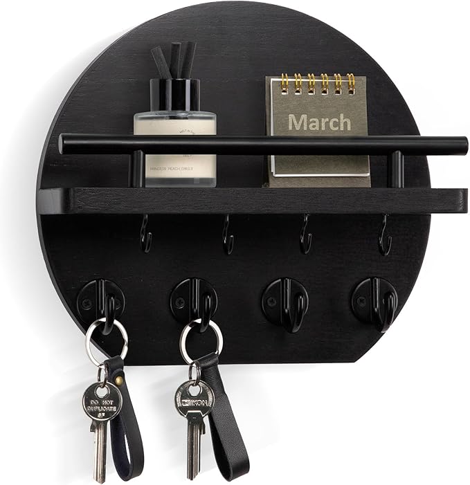 Nekon Key Holder for Wall - 9.8 Inch Apartment Wall Decor with Shelf and 8 Key Hooks, Circular Wood Key Hanger for Home Decor