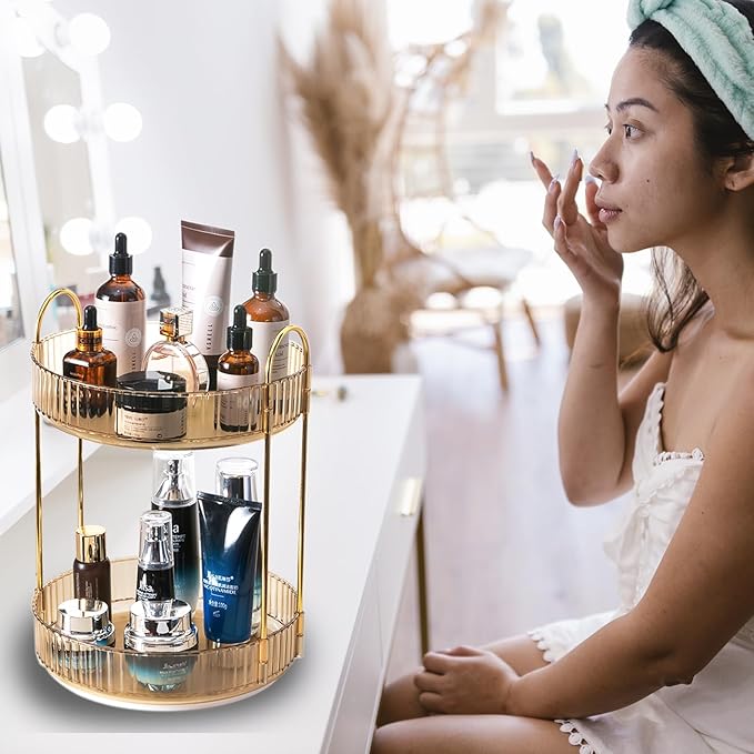 Rotating Makeup Organizer Countertop 2 Tier Lazy Susan Trays Clear Skincare Perfume Storage for Bathroom Counter Vanity, Ambe