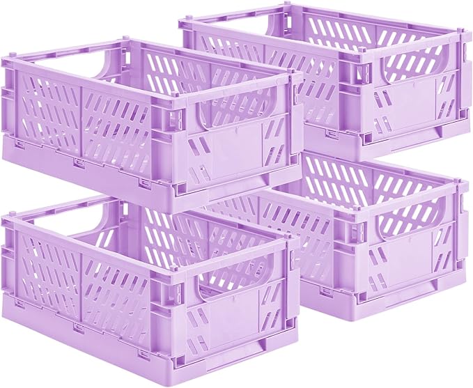 HUUSMOT 4-Pack Small Pastel Plastic Storage Baskets, Collapsible Crates for Organizing, Space-Saving Mini Bins for Classroom,