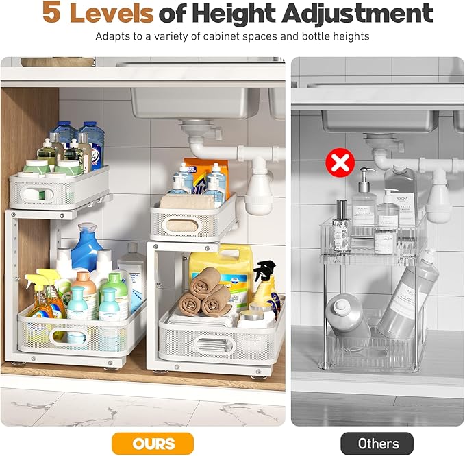 2 Pack Under Sink Organizer With Smooth Cylindrical Rail,2-Tier Pull Out Multi-Purpose Cabinet Storage for Bathroom&Kitchen,H