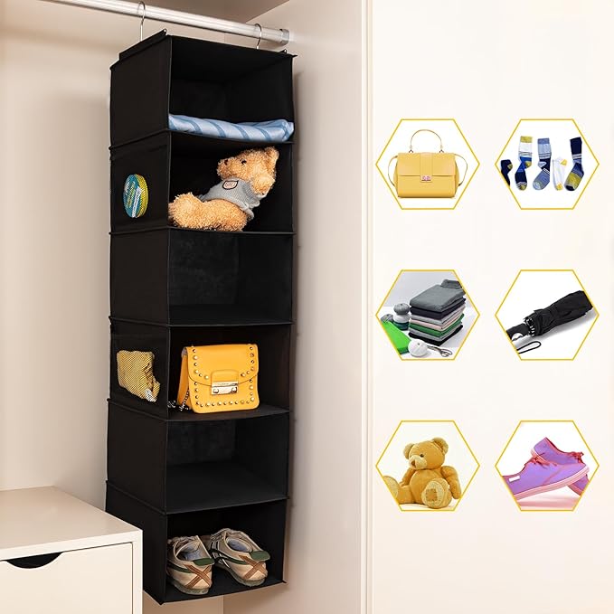BrilliantJo 6 Shelves Hanging Closet Organizer, 2 Pack Hanging Storage with 4 Side Pockets for Clothes Shoes, 43.5"x12"x12"(B