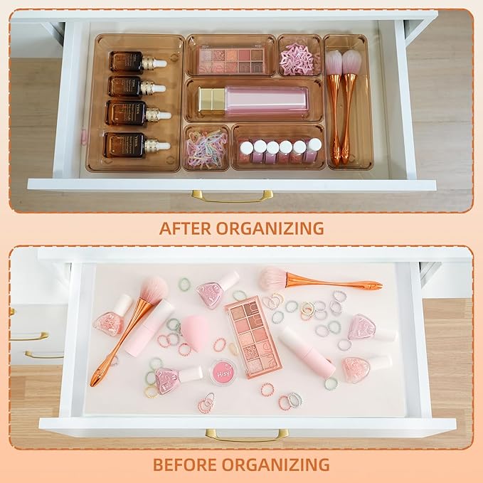 Coffee Acrylic Drawer Organizers Set Storage for Makeup, Office Desk Small Vanity Trays for Drawer Bathroom Plastic Make up O