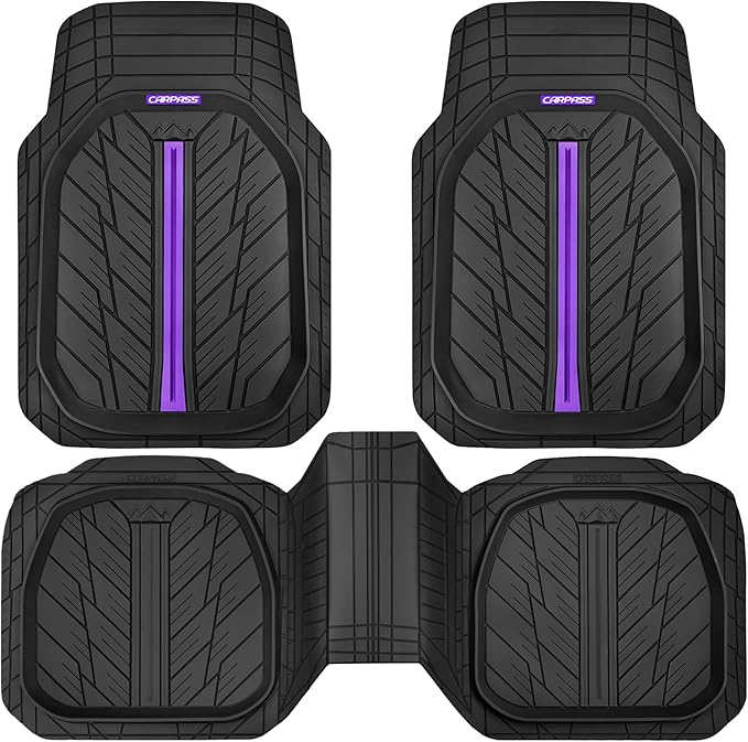 CAR PASS Tire Tread DeepDish Rubber Floor Mats for car Heavy Duty car mats All Weather, Universal XL~M Trim to Fit for Truck SUV Vehicle Automotive, Waterproof car mats 3 Piece (Purple Black)