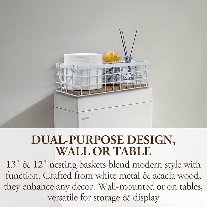 MyGift 13 and 12 Inch Nesting Storage Baskets with Handles, Wall Mounted or Tabletop White Metal Wire and Premium Acacia Wood