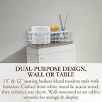 MyGift 13 and 12 Inch Nesting Storage Baskets with Handles, Wall Mounted or Tabletop White Metal Wire and Premium Acacia Wood
