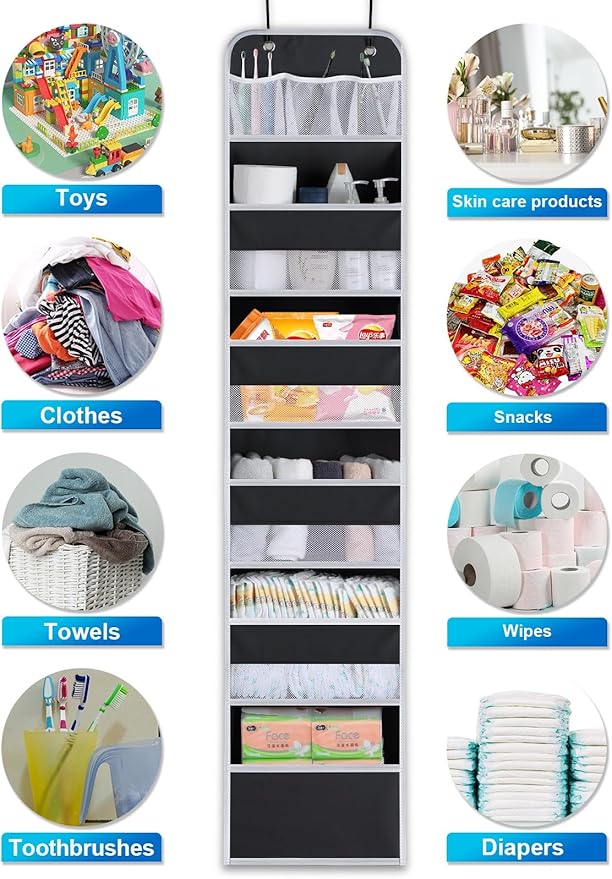 Over the Door Organizer Storage - 5 Tier Hanging Storage shelves Door Organizer with Pockets, Anti Tilt 44 lb Load Behind Doo