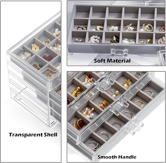 YUFONG Jewelry Organizer with 5 Drawers Clear Acrylic Earring Display Case Velvet Jewelry Storage Box Display Holder for Earr