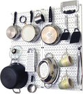 Wall Control Kitchen Pegboard Organizer Pots and Pans Storage Rack Organization Kit with White Pegboard and White Accessories