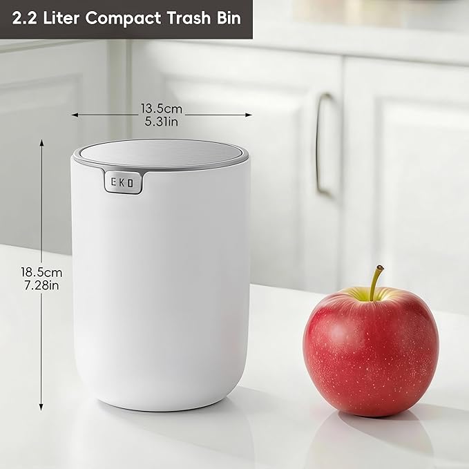EKO Fandy 0.58 Gal/2.2L Mini Trash Can with Lid, Swing-Top Desktop Trash Can for Bathroom, Countertop, Vanity, Desk or Office, Small Garbage Bin (White)