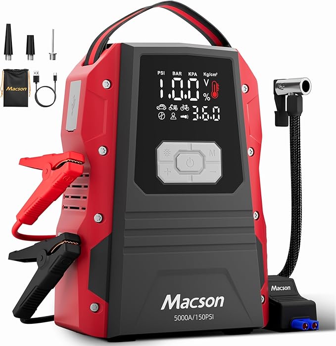 5000A Jump Starter with Air Compressor - Portable 12V Jump Box Battery Pack for 9.0L Gas/8.0L Diesel Engines, Car Jumper