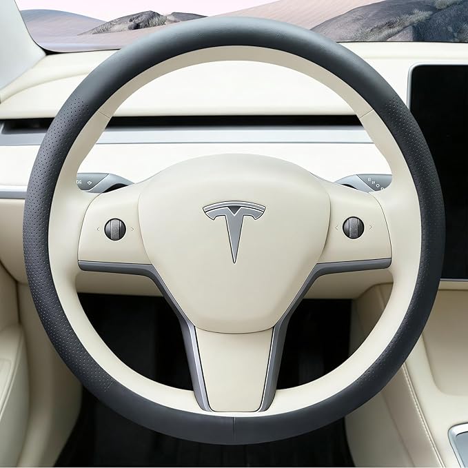 Black Tesla Nappa Leather Steering Wheel Cover, Model 3/Y Accessories, Comfort Grip, Anti-Slip Breathable, Compatible with Te