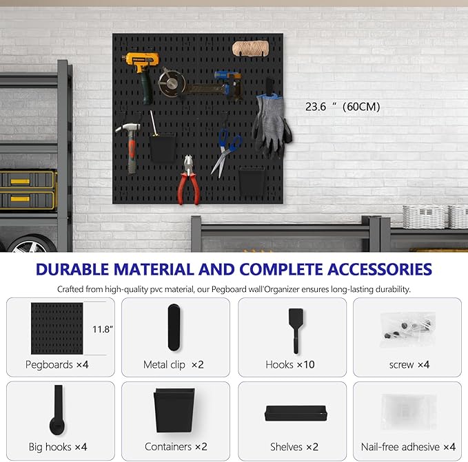 Pegboard Combination Kit, Modular White Pegboard Wall Organizer with 4 Pegboards & Accessories Hanging for Gaming Office Wall