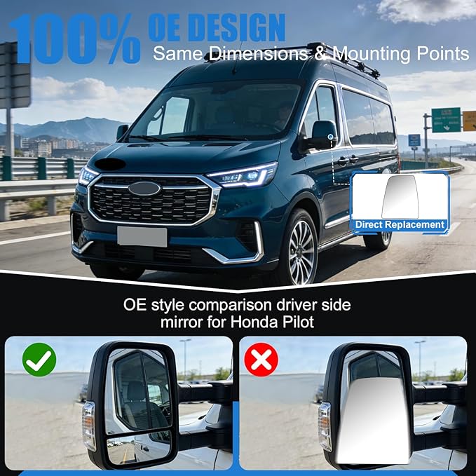 Driver Side Upper Mirror Glass for 2015-2023 Ford Transit 150 250 350 HD - Heated OE Replacement with Backing Plate, Left Side View Mirror Glass for Van Repair, Anti-Vibration HD Real Glass