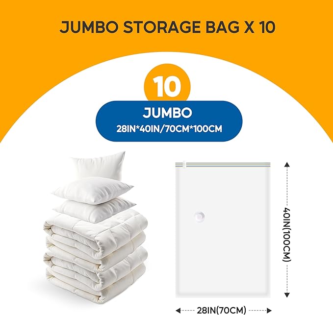 10 Jumbo Vacuum Seal Bags with Hand Pump, Vacuum Storage Bags, Space Saver Bags for Clothing, Comforters, Blankets, Bedding, 