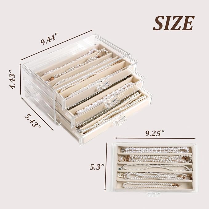 CLUQMEIK Necklace Organizer Box with Clear Lid, Dustproof Velvet Jewelry Holder Storage Display Case, Stackable Acrylic Neckl