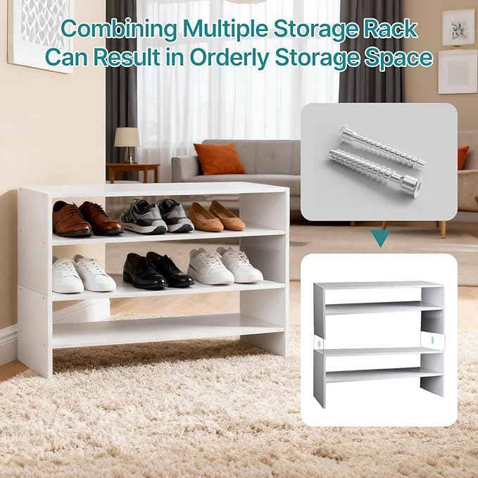 DUMOS 31 Inch Stackable White Shoe Rack, 2-Tier Wooden Storage Benches Organizer, Freestanding Entryway Bench for 6-9 Pairs S