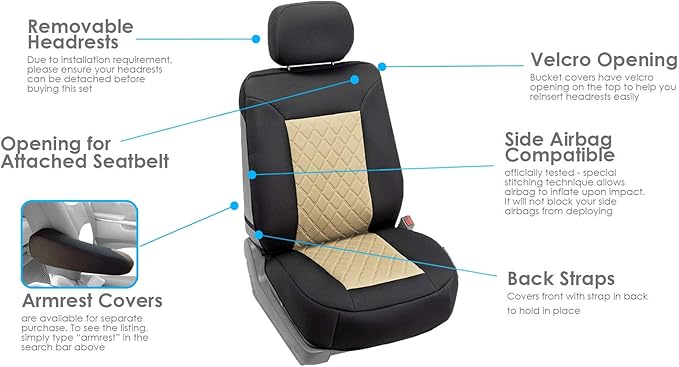 FH Group Car Seat Cover Cushion - 2 Pack Seat Covers for Cars Trucks SUV, Beige Black Neosupreme Car Seat Cushions, Waterproo
