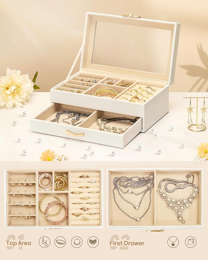 Enthralite Jewelry Box with 1 Drawers: Display Organizer for Earrings Necklaces - Christmas Gifts for Girls Women (White)