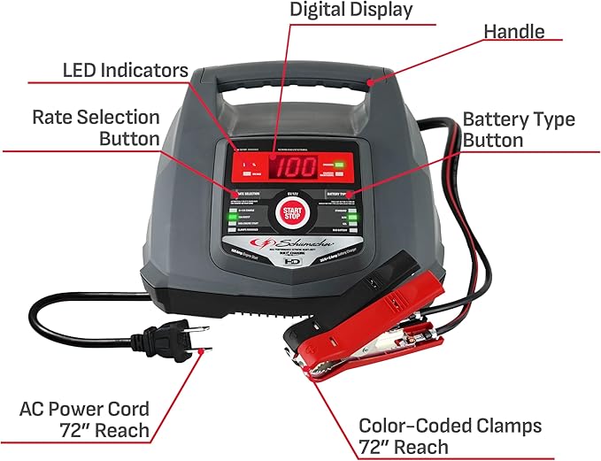 Schumacher Electric 6A Car Battery Charger and 100A Engine Starter, 5-in-1 Solution, Maintainer, 30A Boost, for 6V/12V Power