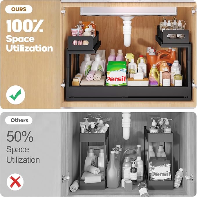 1 Pack-16"-26"W Expandable Under Sink Organizer With Upgrade Ball-Bearing Slide,2-Tier Pull Out Under Cabinet Organizer Heigh